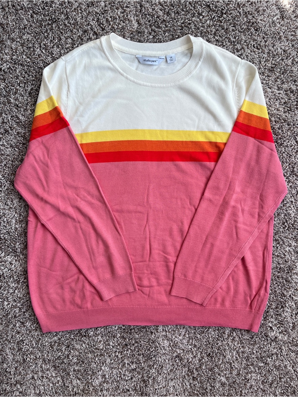 Studio Ivory and Pink Crewneck Sweater with Yellow and Red Stripe Bands
